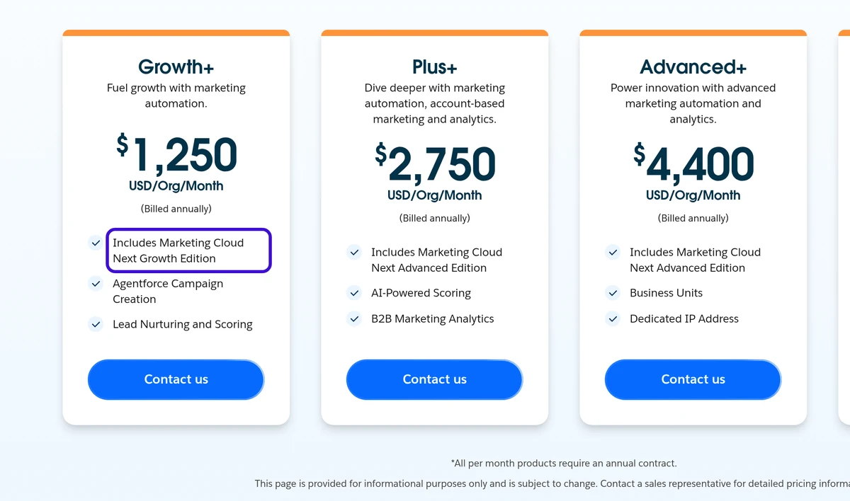 Salesforce Account Engagement pricing page showing the Growth+, Plus+ and Advanced+ editions with the line Includes Marketing Cloud Next Growth Edition outlined
