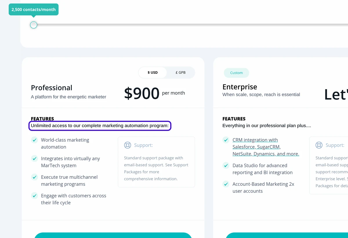 Act-On pricing page showing the Professional plan price at 2,500 active contacts with the unlimited access line outlined