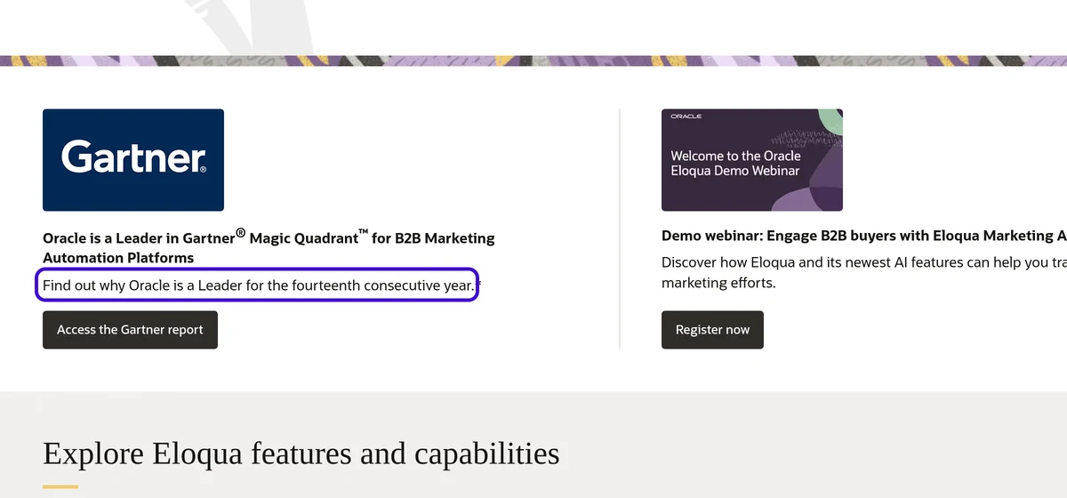 Oracle Eloqua marketing automation page with the line Find out why Oracle is a Leader for the fourteenth consecutive year outlined